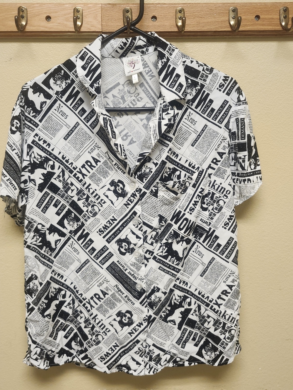 Self Esteem,Newspaper Print Button Down Shirt,black,and White Large Size.